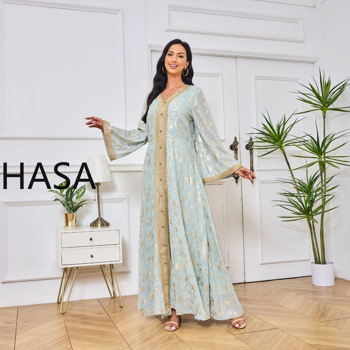 HS1249 Elegant Floral Abaya with Golden Detailing