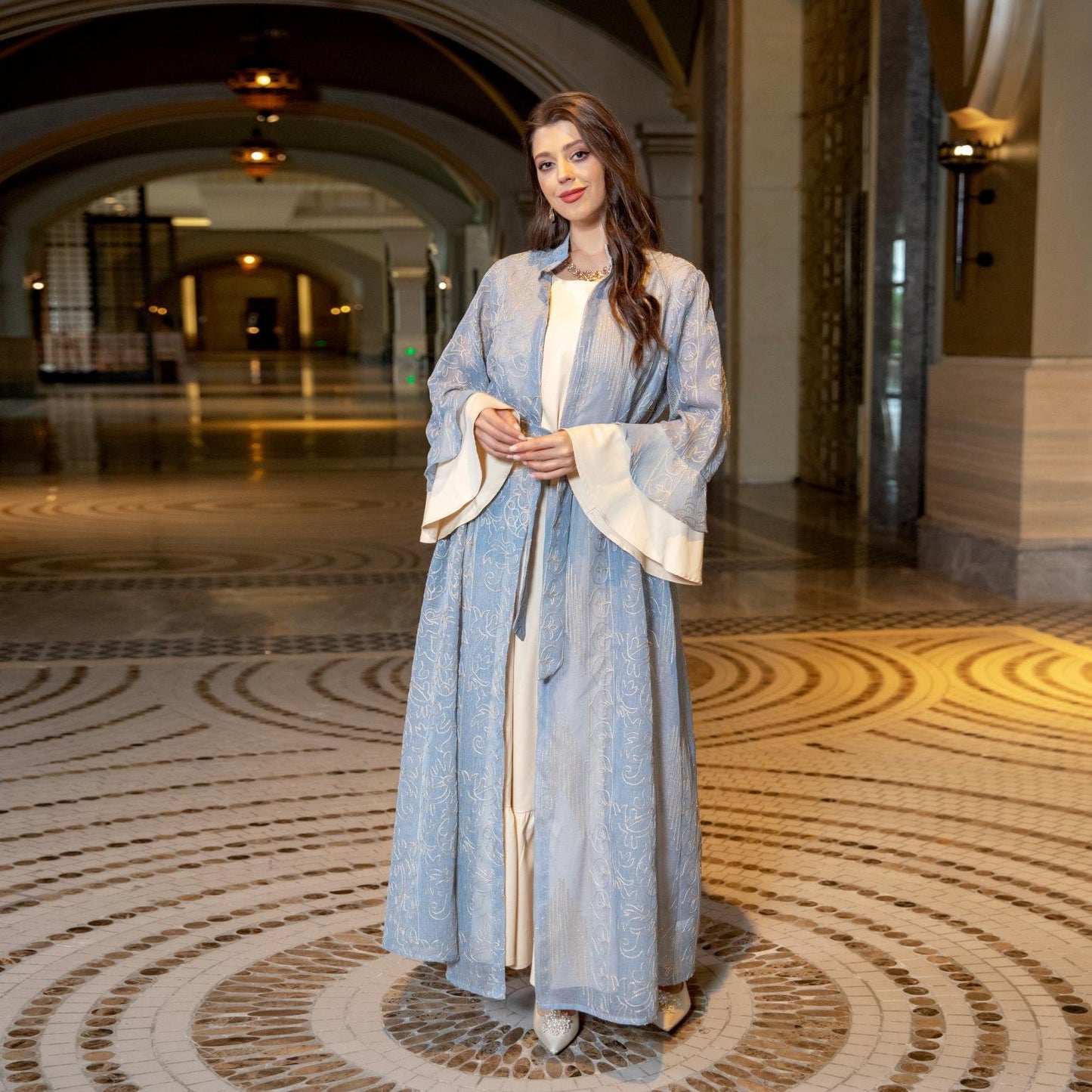 HS0445 2 pièces costume moyen-orient robe de soirée transfrontalière dame musulmane manches en feuille de lotus nouvelle robe abaya robe