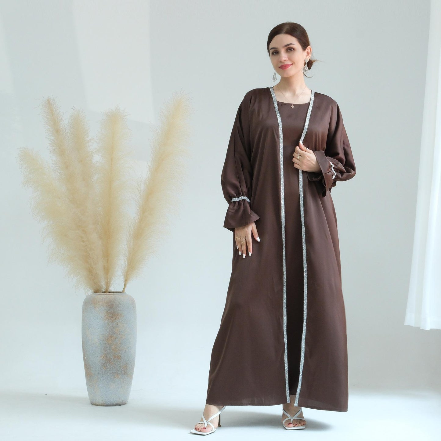 HASASERIES HS0567 Beaded Trumpet Sleeve Robe and Sleeveless Skirt with Inside Two-piece Suit