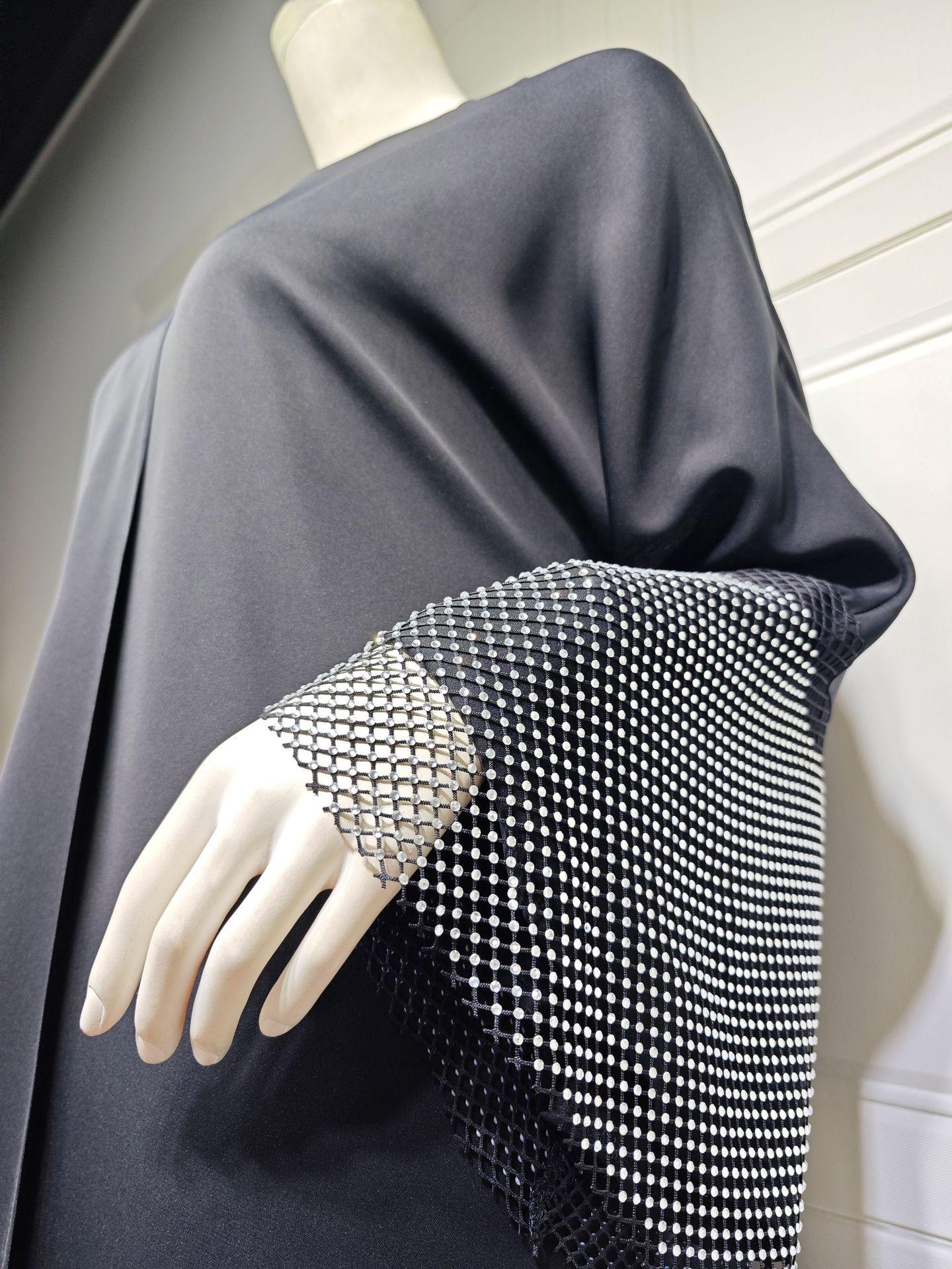 HASASERIES HS0930 Abaya Muslim Elastic Diamond Mesh Robe