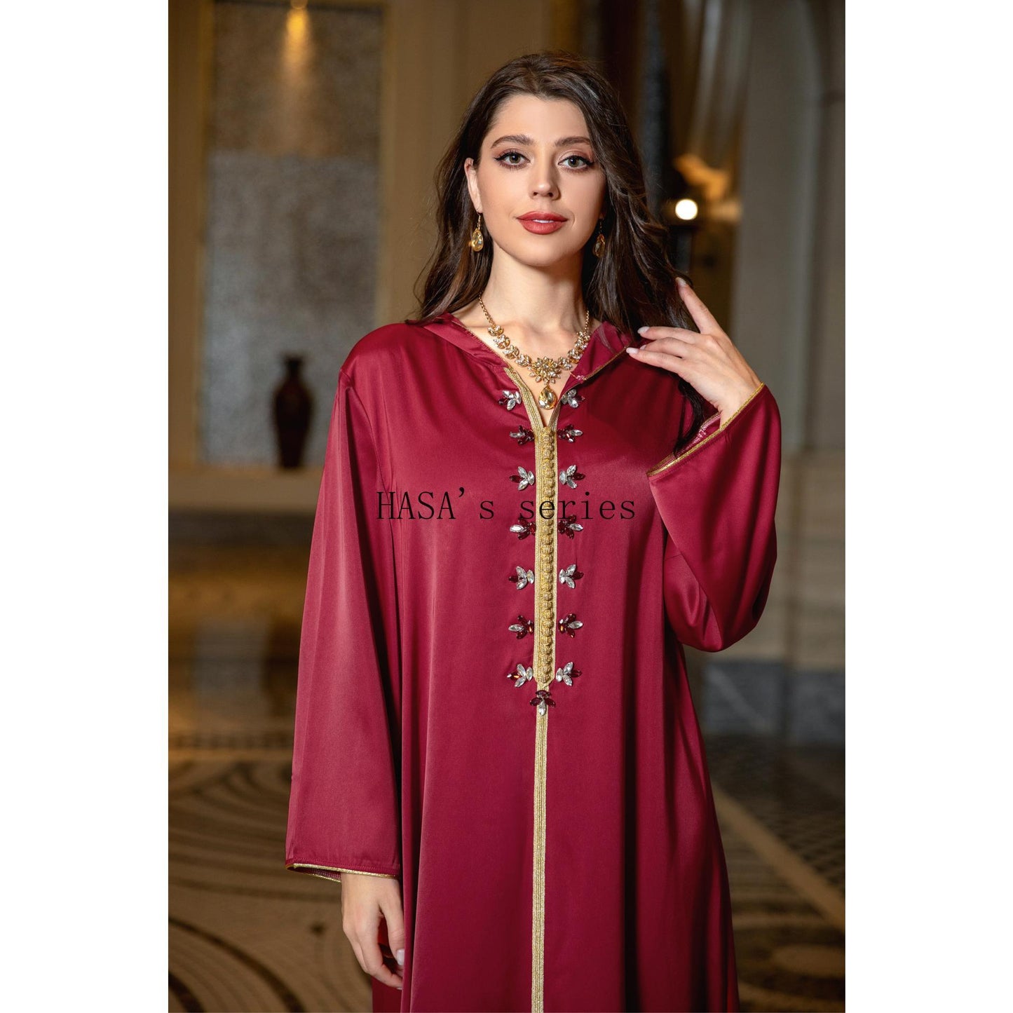 HASA's Series HS1231 Jeweled Ribbon Satin Home Dress Abaya