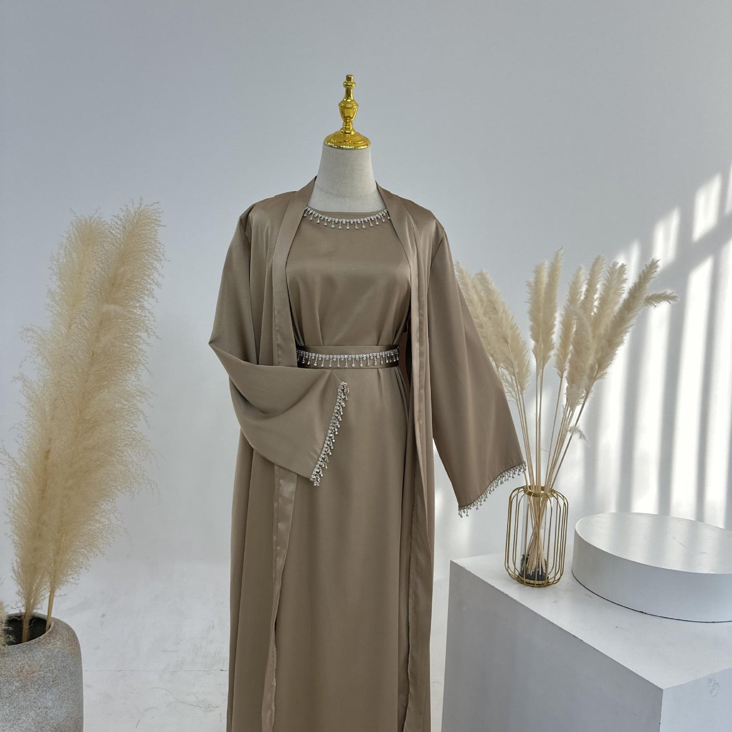 HASASERIES HS1005 4pcs Set Cardigan+without Sleeves Inner Dress+Crystal Chain+Hijab