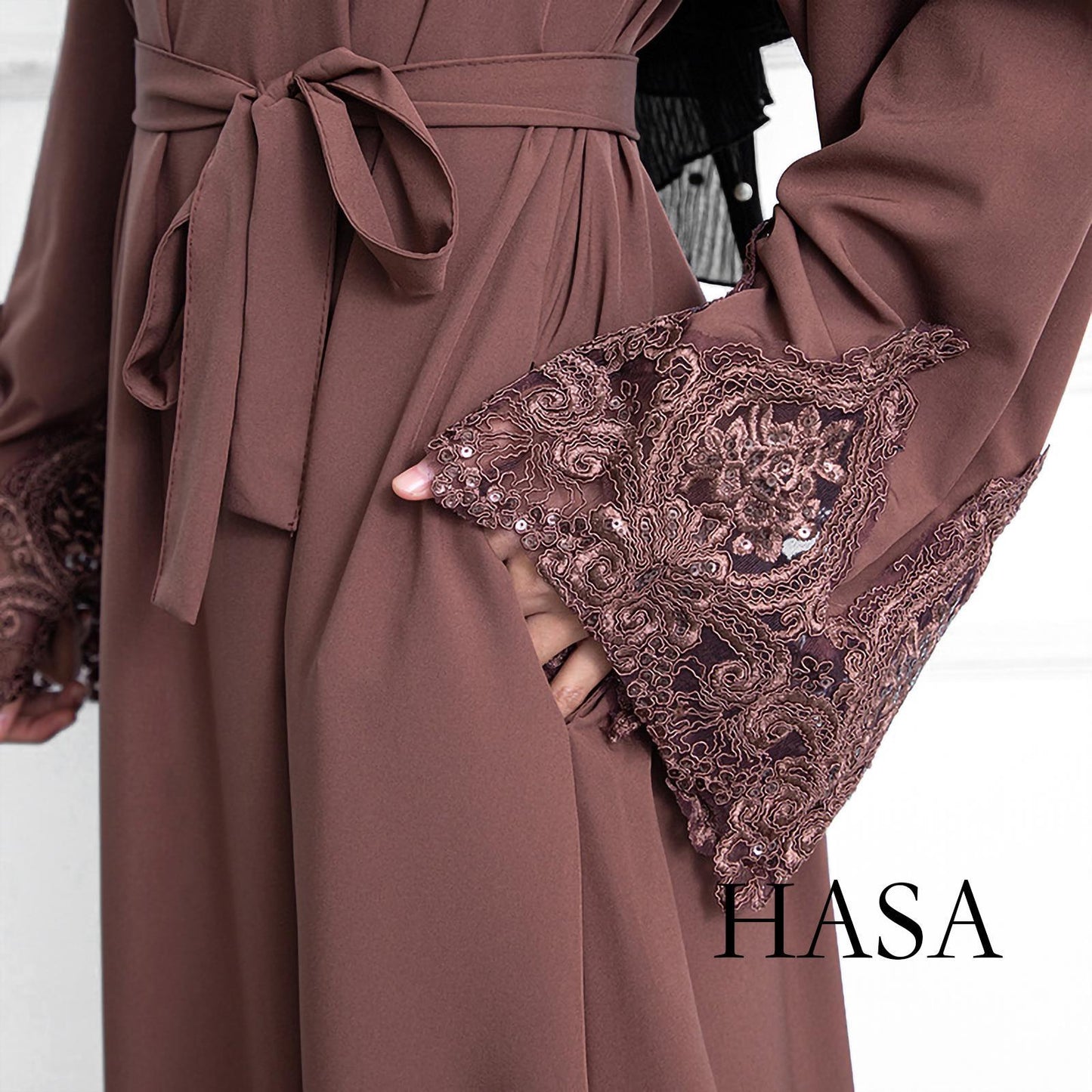 HASASERIES HS0303 3D Embroidery Sleeves with Two Sides Pocket and Nursing Zippers Solid Abaya