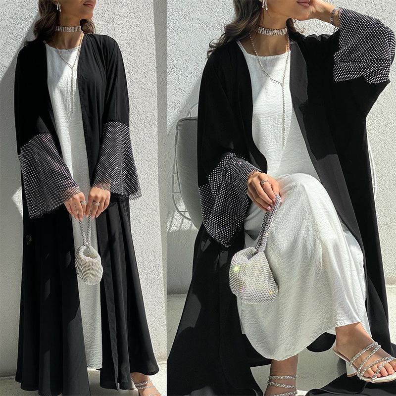 HASASERIES HS0930 Abaya Muslim Elastic Diamond Mesh Robe