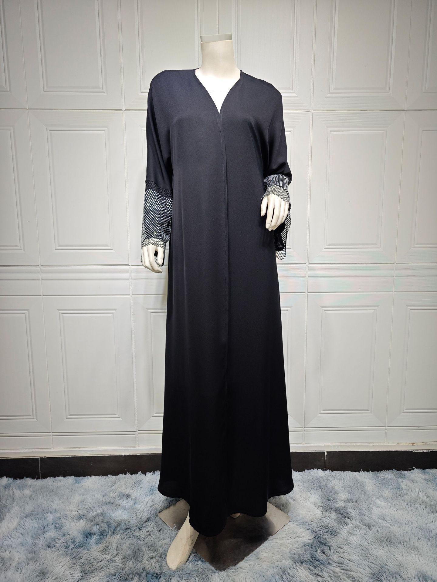 HASASERIES HS0930 Abaya Muslim Elastic Diamond Mesh Robe