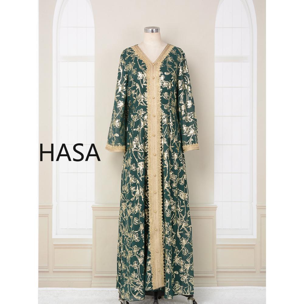 HS1249 Elegant Floral Abaya with Golden Detailing