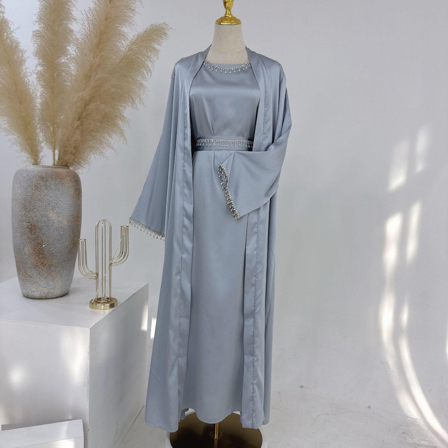 HASASERIES HS1005 4pcs Set Cardigan+without Sleeves Inner Dress+Crystal Chain+Hijab