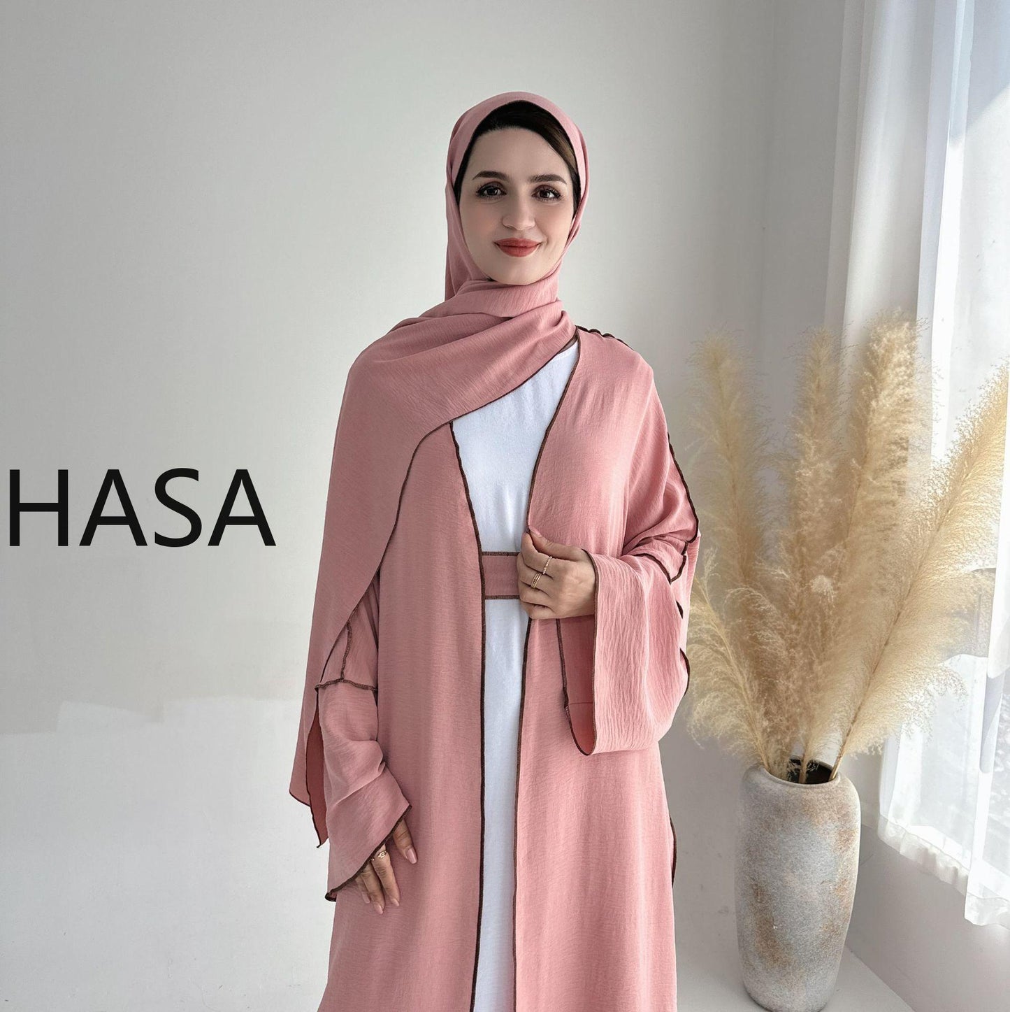 HASA HS1246H 2 PCS SET Crepe Solid Color Loose Hem Cardigan Robe with Hijab
