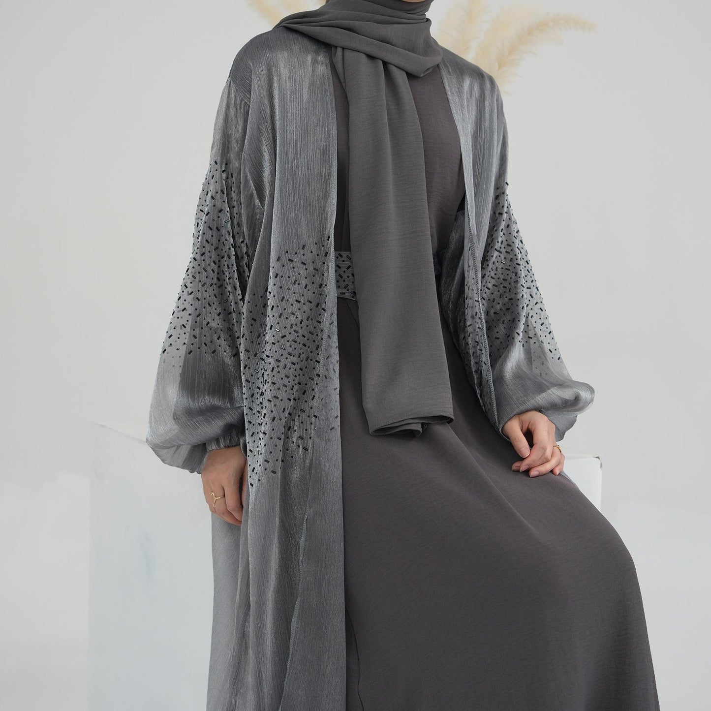HASASERIES HS0932 3 Pcs Set Cardigan+Inner Dress+Hijab