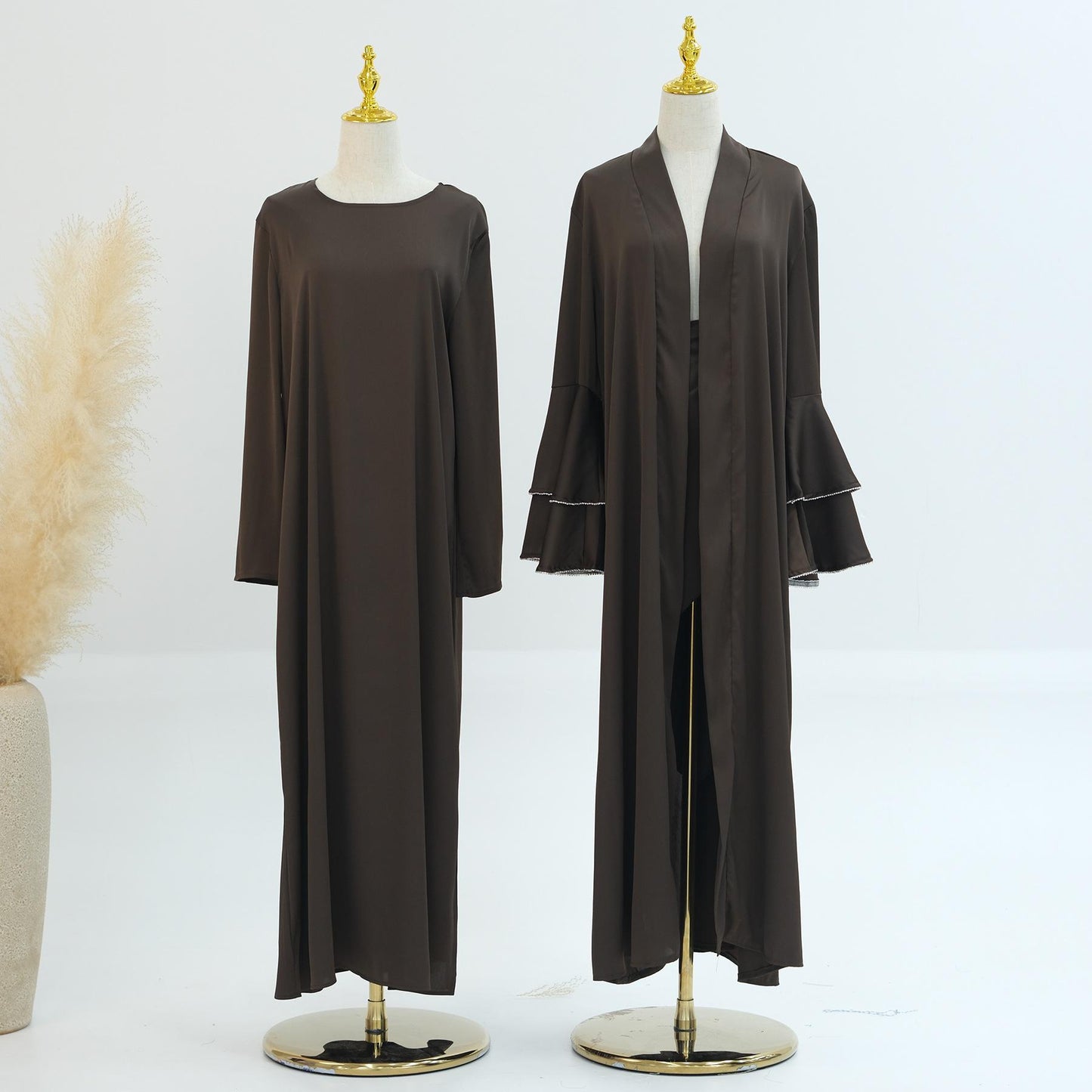 HASASERIES HS1188 Ensemble 3 pièces, cardigan en satin + robe intérieure + ceinture spéciale