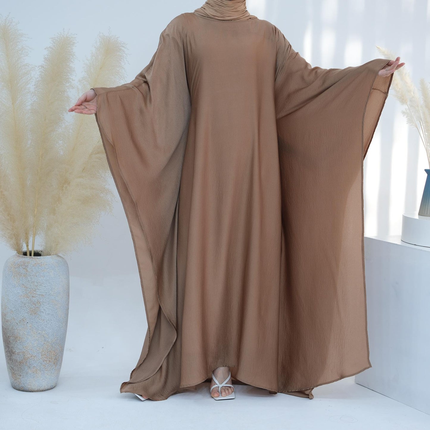 HASASERIES HS1174 Waist Raging Bat Sleeves Dress Crepe Kaftan