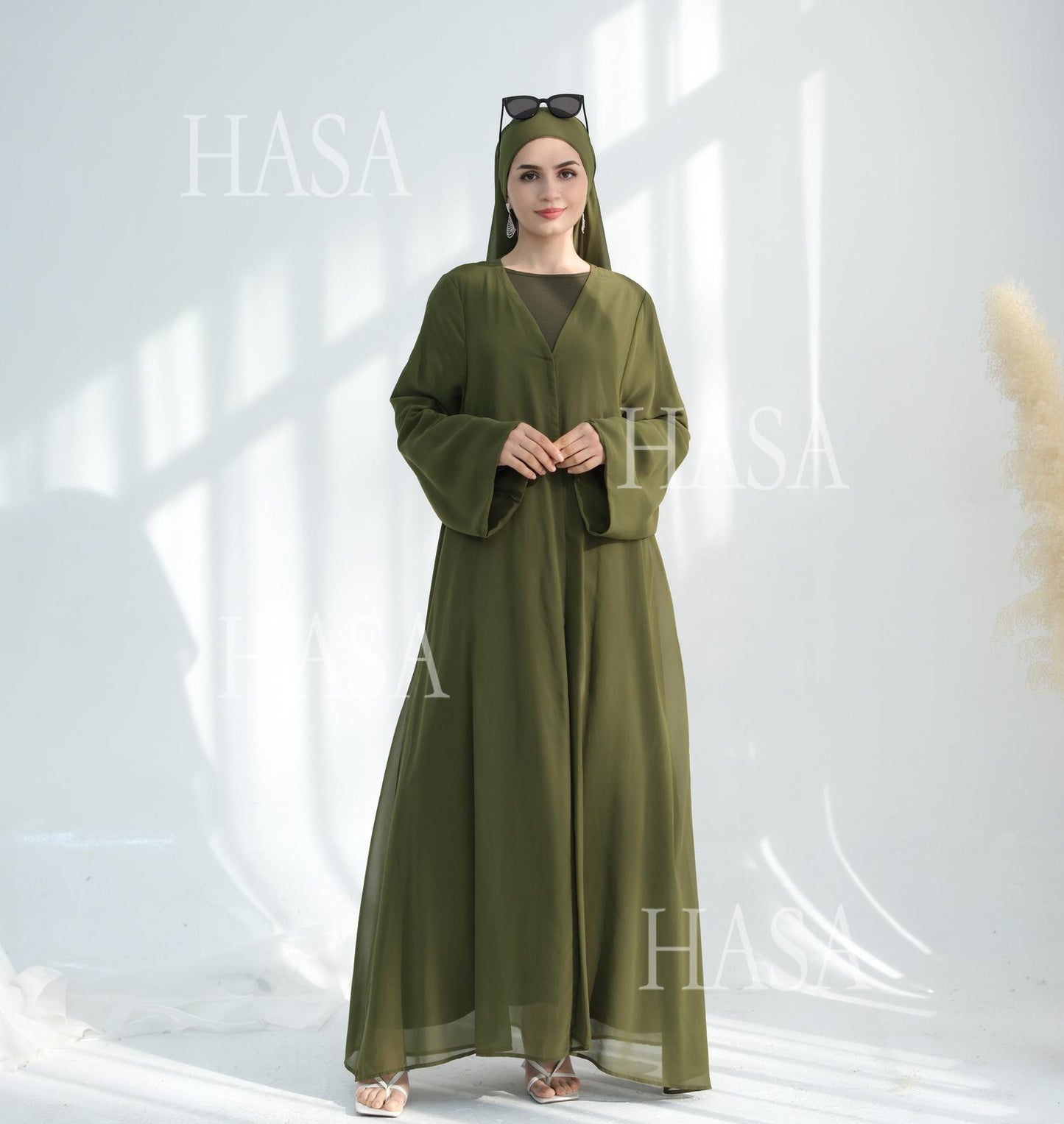 HS6513 Double-layered sleeve chiffon cardigan two-piece robe abaya (headscarf not included)