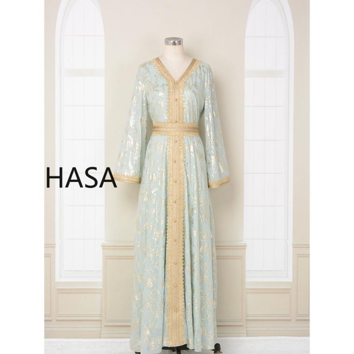 HS1249 Elegant Floral Abaya with Golden Detailing