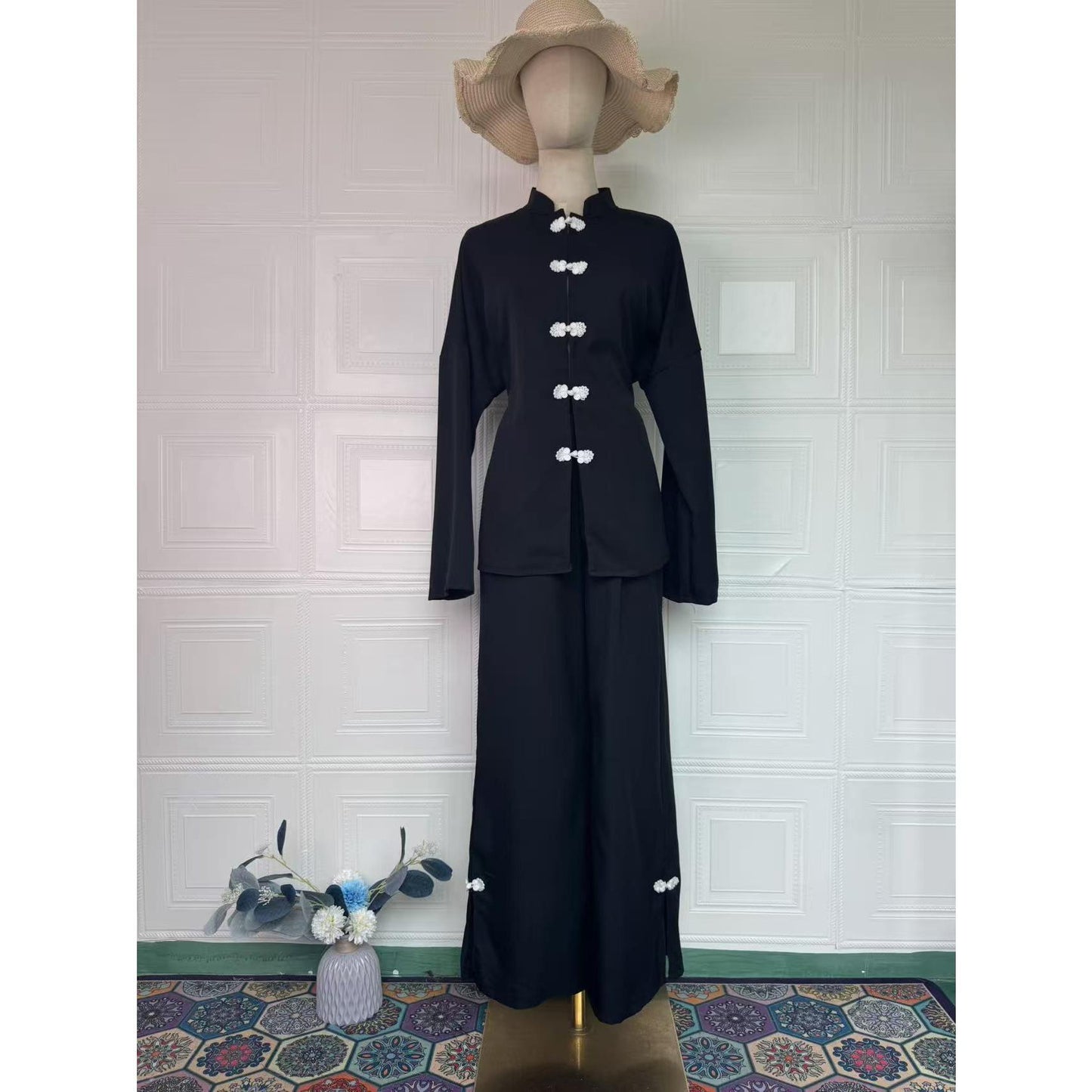 HS6738 Chic Long Sleeve Matching Set with Flowy Pants