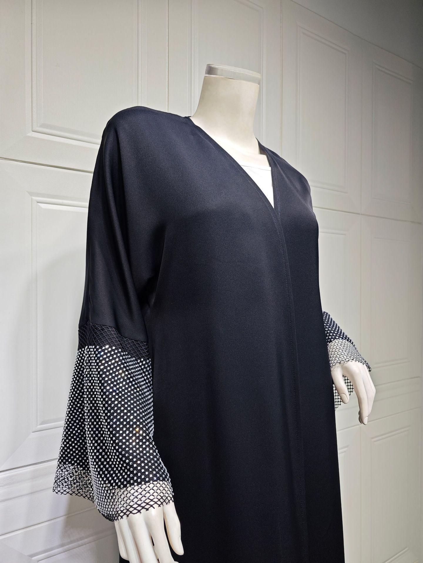 HASASERIES HS0930 Abaya Muslim Elastic Diamond Mesh Robe
