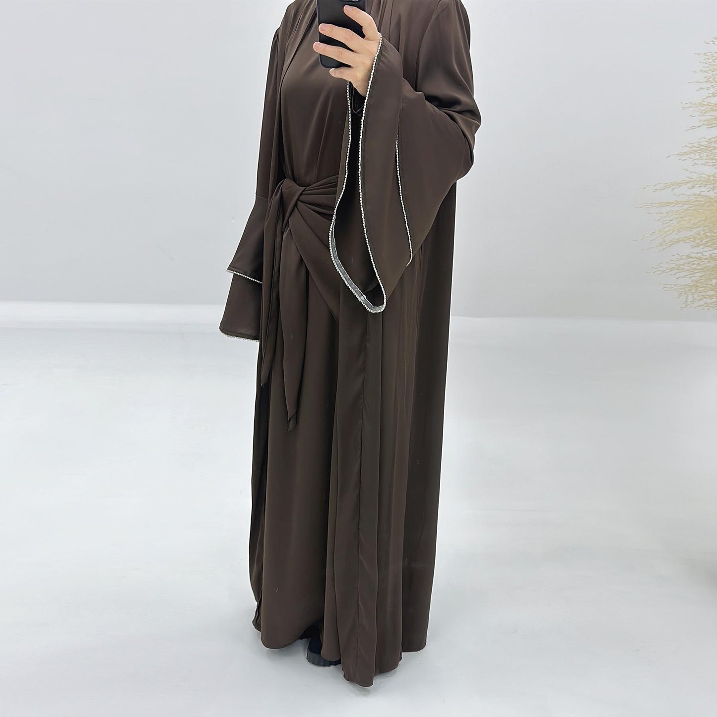 HASASERIES HS1188 Ensemble 3 pièces, cardigan en satin + robe intérieure + ceinture spéciale