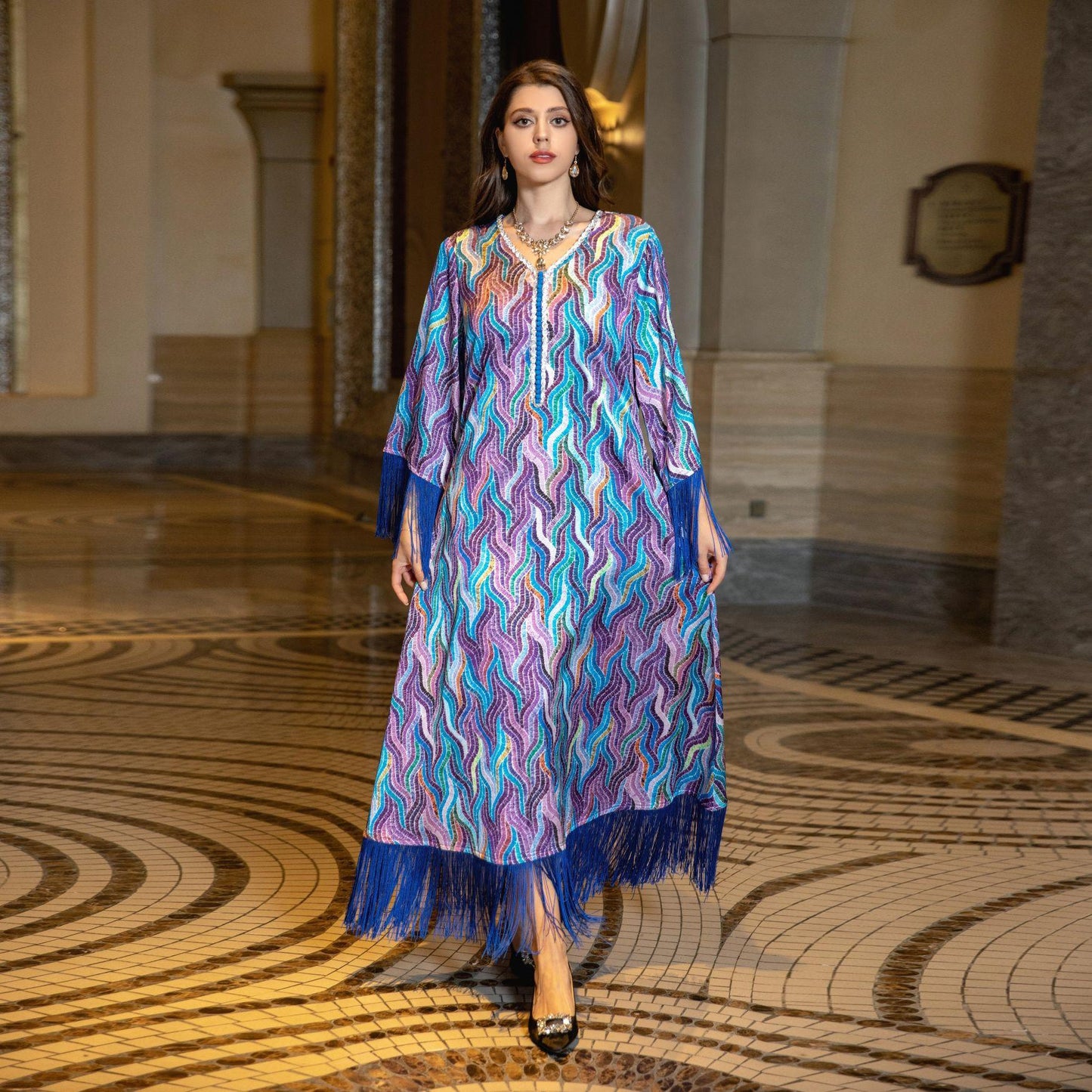 HASASERIES HS0521 Middle East Arab Dubai Muslim Robe Ladies Printed Casual Jalabiya Ethnic Clothing