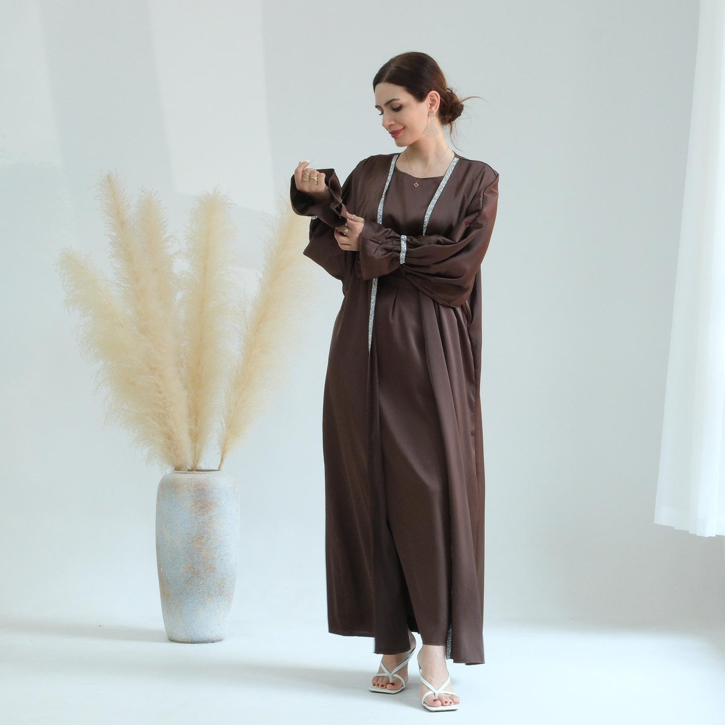 HASASERIES HS0567 Beaded Trumpet Sleeve Robe and Sleeveless Skirt with Inside Two-piece Suit