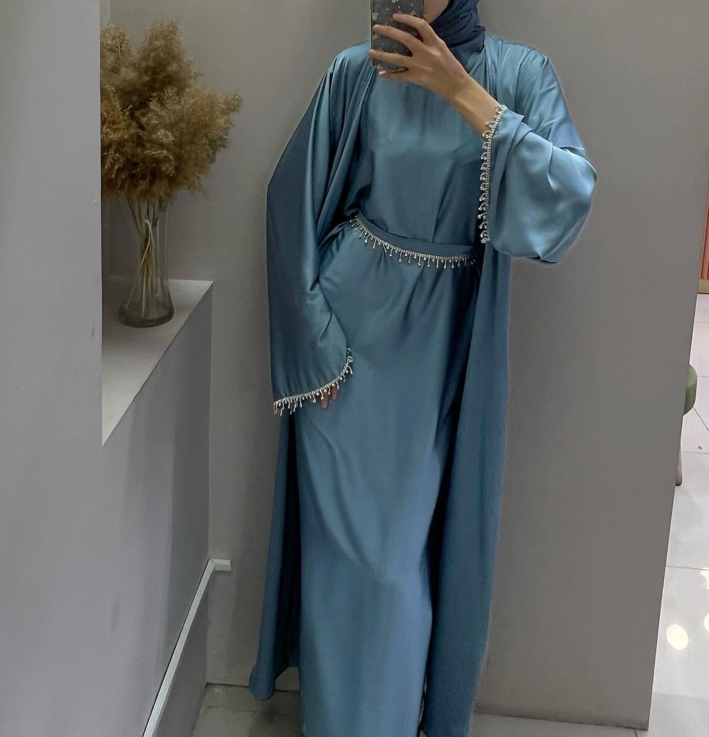HASASERIES HS1005 4pcs Set Cardigan+without Sleeves Inner Dress+Crystal Chain+Hijab