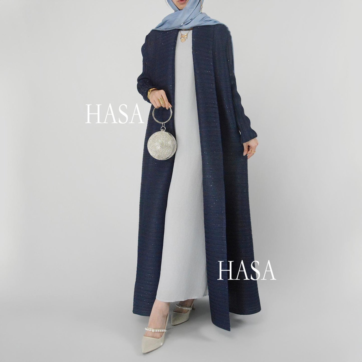 HS6158 Solid Long Sleeve Pleated Abaya with Artisan Sequin Work