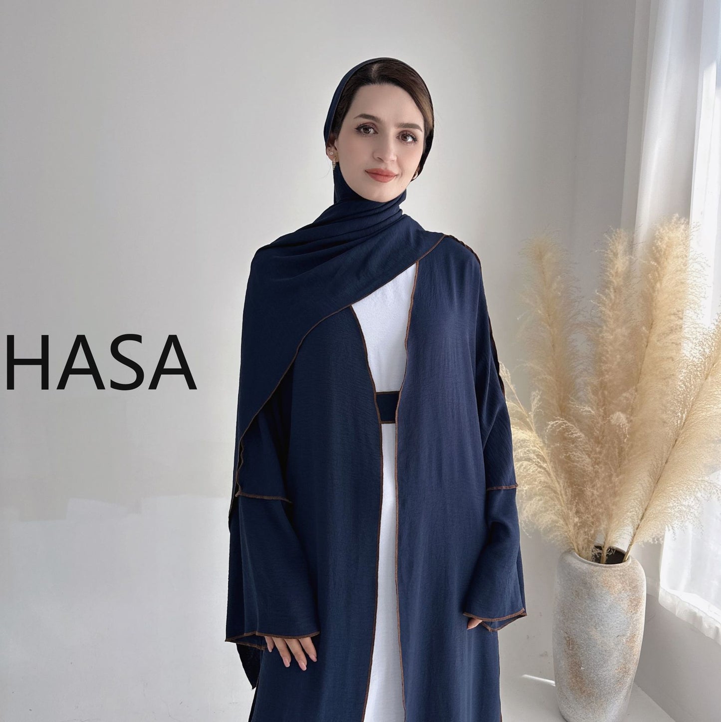 HASA HS1246H 2 PCS SET Crepe Solid Color Loose Hem Cardigan Robe with Hijab