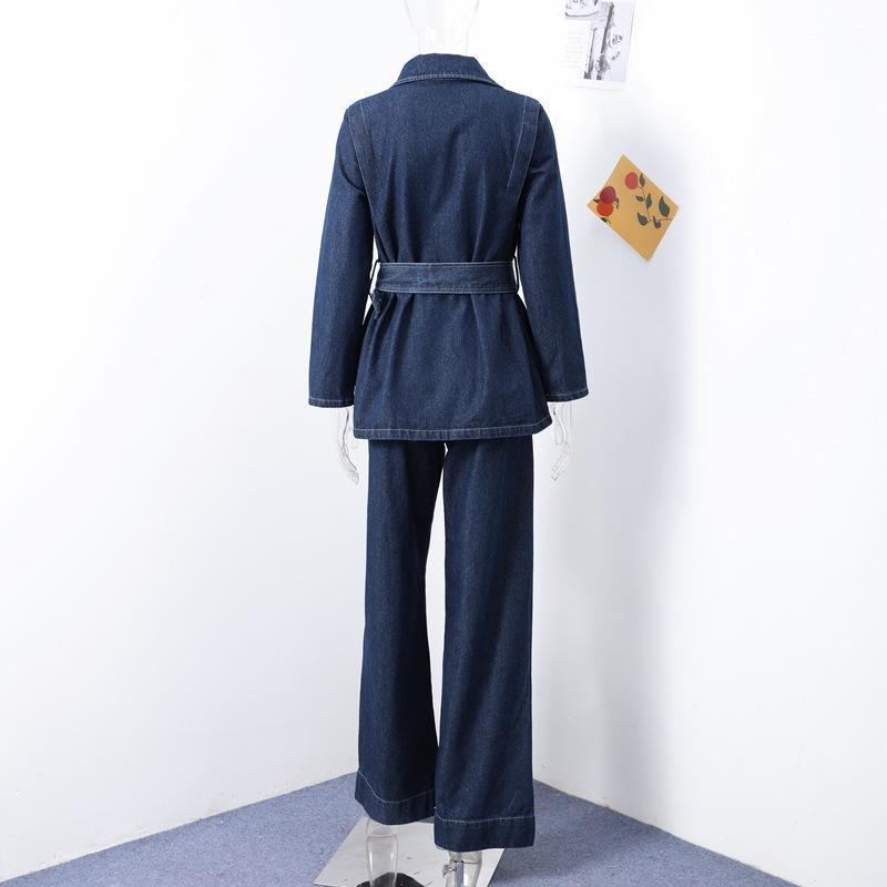 HS5890 Completo in Denim Lavato Primaverile Per Donne Con Cintura, Giacca Monopetto A Maniche Lunghe E Pantaloni A Vita Alta