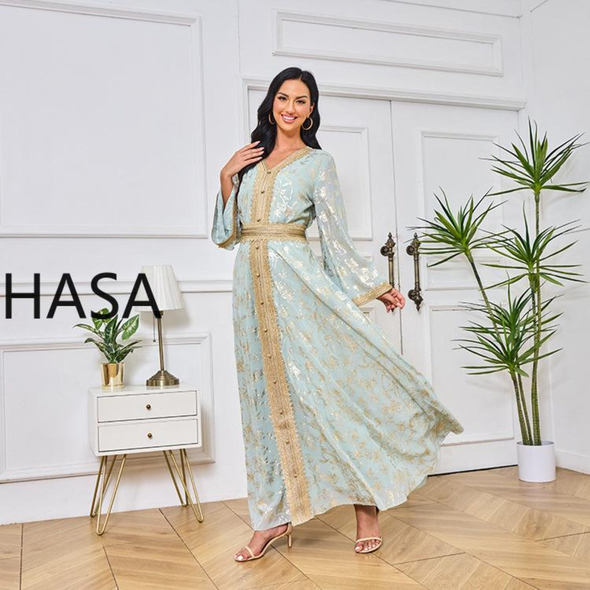 HS1249 Elegant Floral Abaya with Golden Detailing