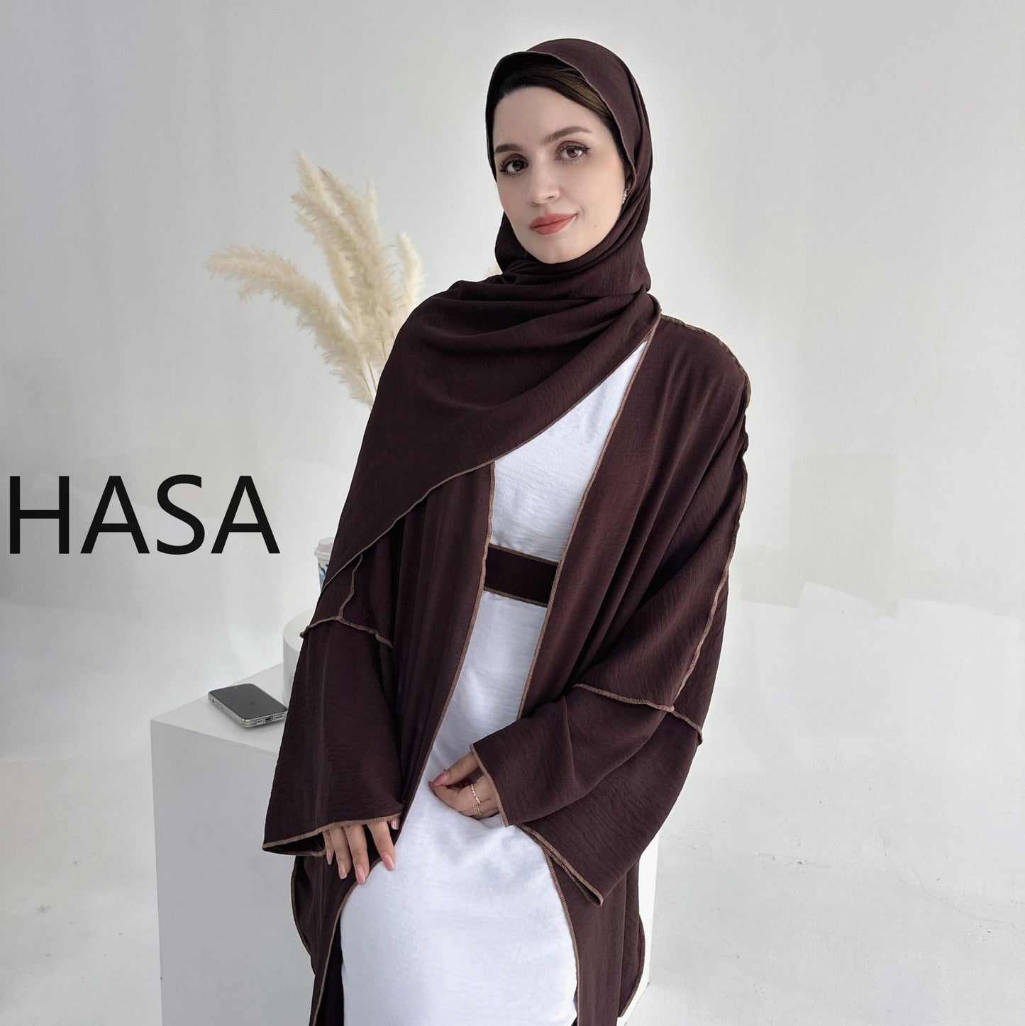 HASA HS1246H 2 PCS SET Crepe Solid Color Loose Hem Cardigan Robe with Hijab