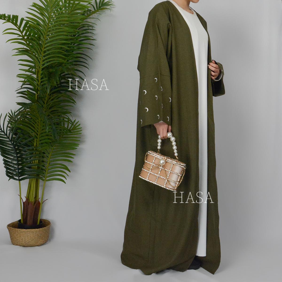 HASASERIES HS1100 Muslim Crescent Moon Design Coat Cardigan (UK4-UK28 Abaya Size:54-58)