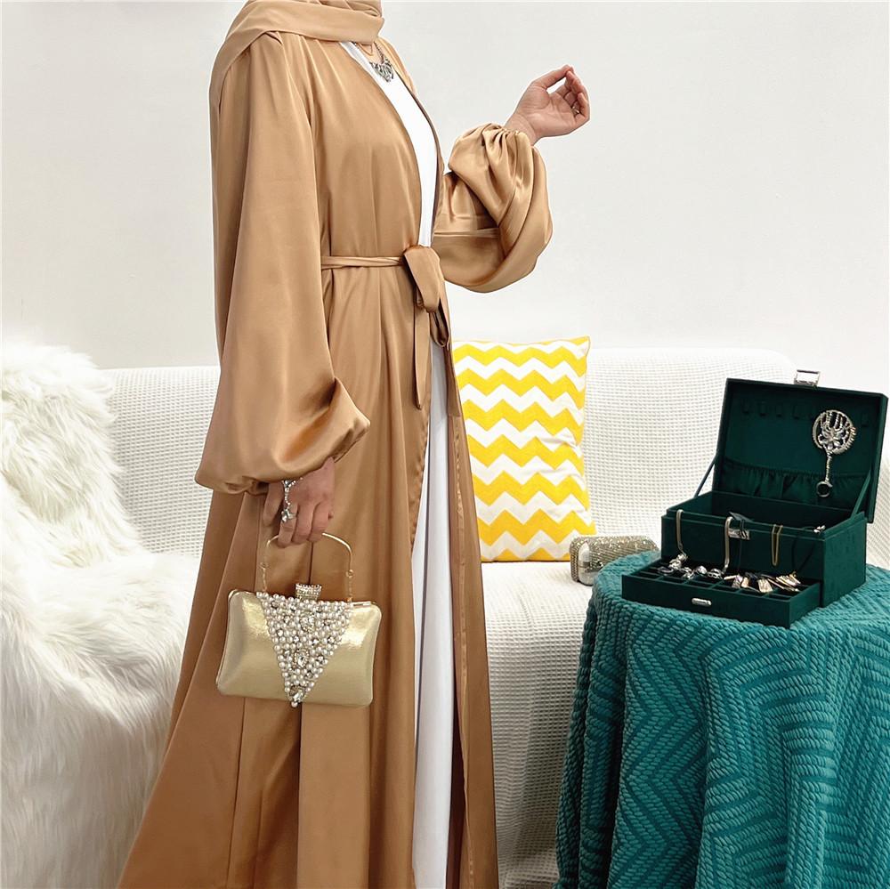 HS0481 Solid Color Satin Coat Robe Open Abaya