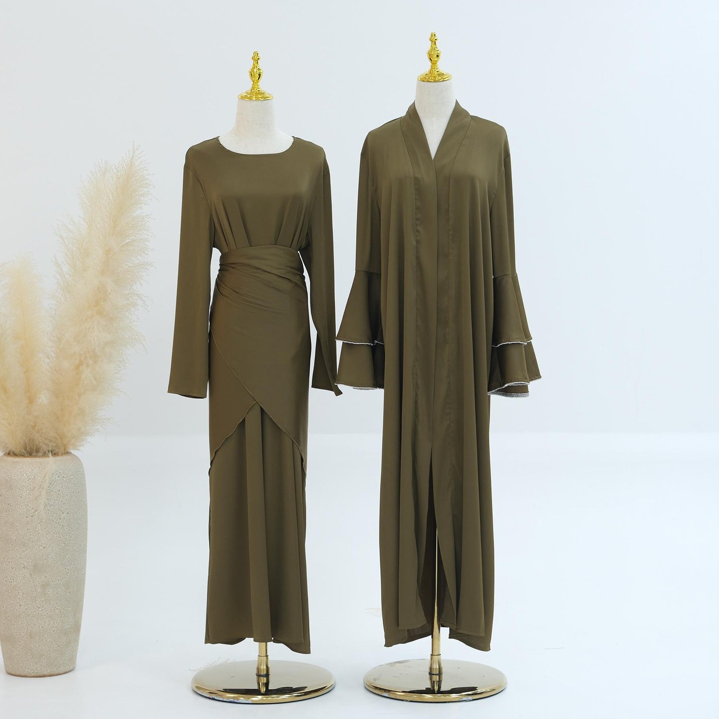 HASASERIES HS1188 Ensemble 3 pièces, cardigan en satin + robe intérieure + ceinture spéciale