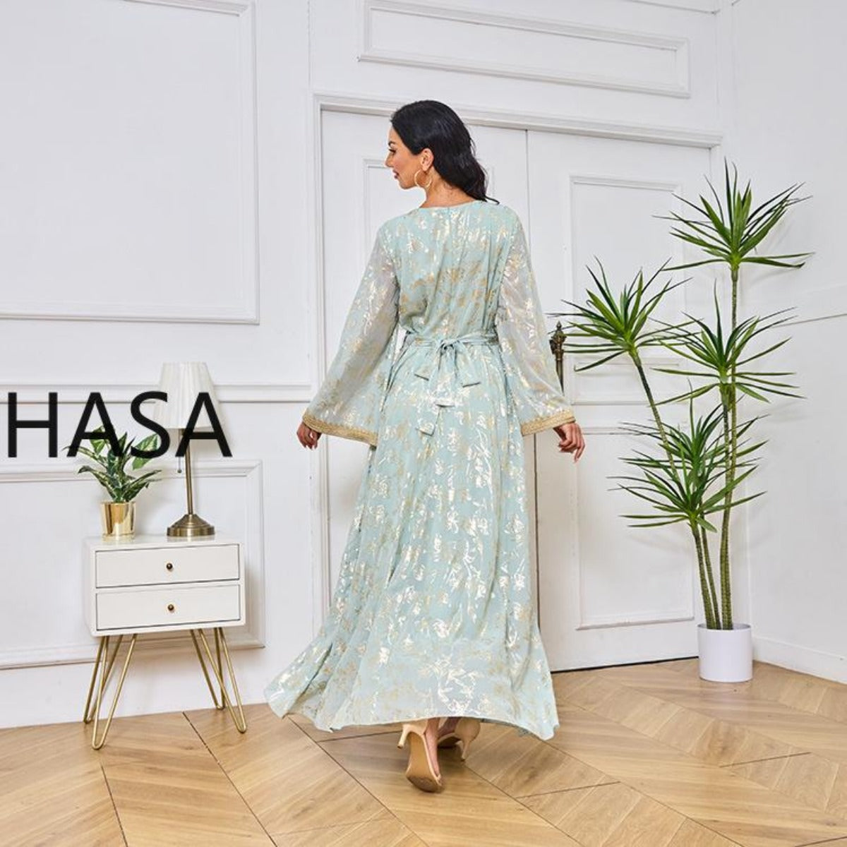 HS1249 Elegant Floral Abaya with Golden Detailing