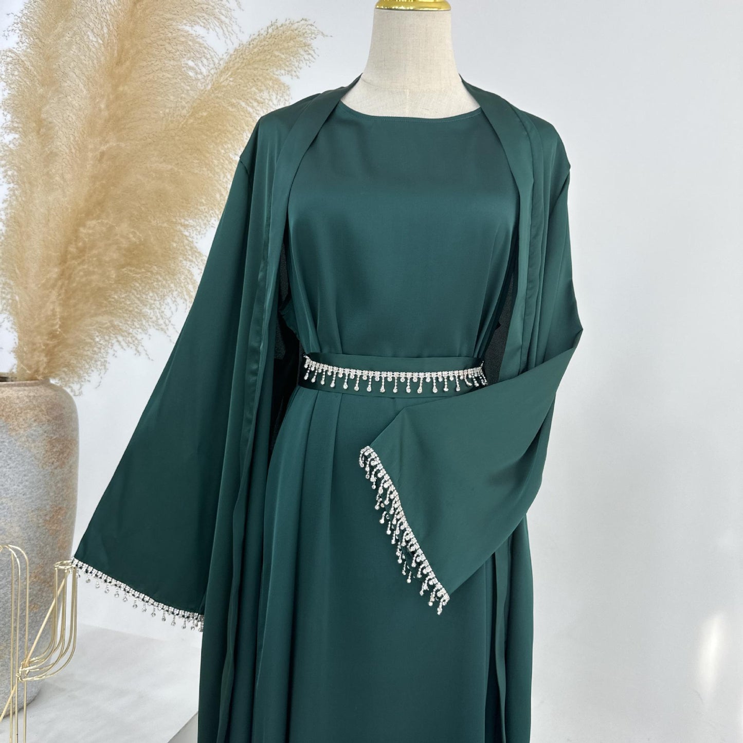 HASASERIES HS1005 4pcs Set Cardigan+without Sleeves Inner Dress+Crystal Chain+Hijab