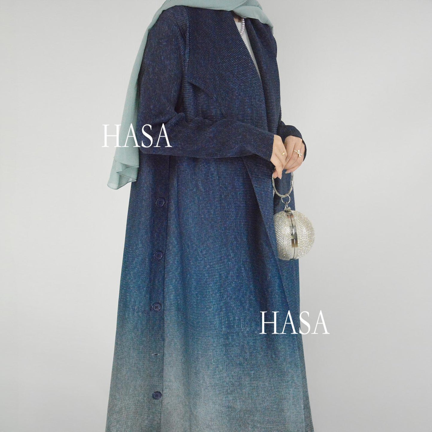 HASASERIES HS6159 Ombré Pleated Abaya with Lapel Collar & Button Closure