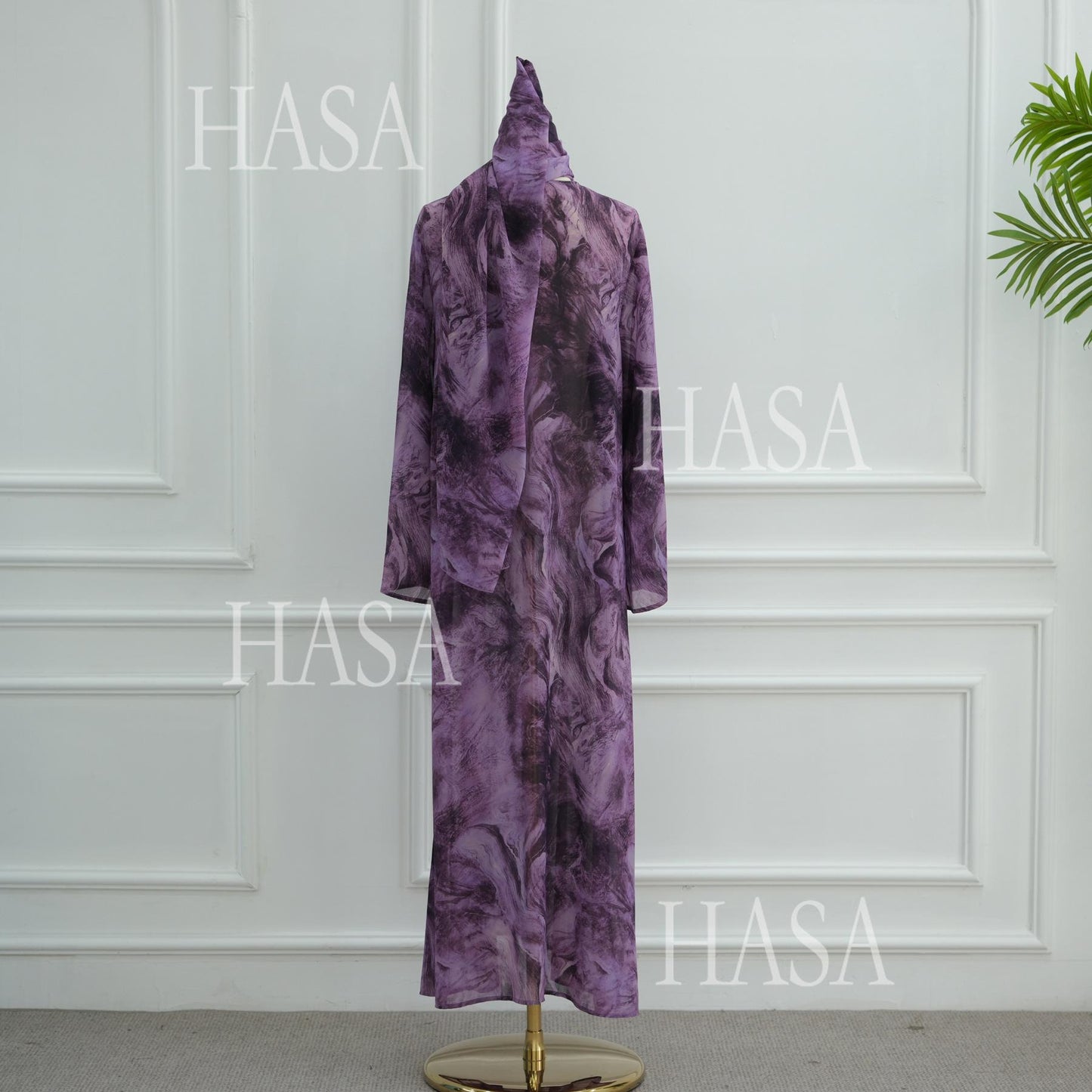 HS6551 Printed Abaya Cardigan with Matching Scarf Two-Piece Set