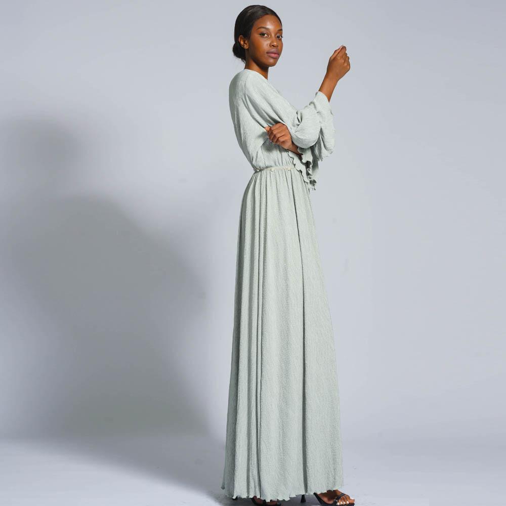 HS0434 Robe longue froissée extensible pour femmes musulmanes, couleur unie, manches cloches