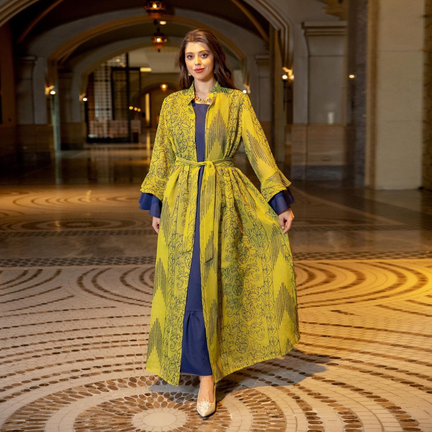 HS0445 2 pièces costume moyen-orient robe de soirée transfrontalière dame musulmane manches en feuille de lotus nouvelle robe abaya robe