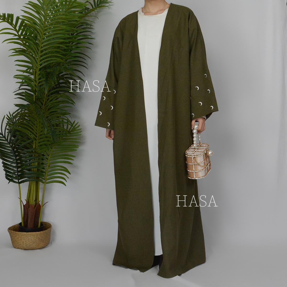 HASASERIES HS1100 Muslim Crescent Moon Design Coat Cardigan (UK4-UK28 Abaya Size:54-58)
