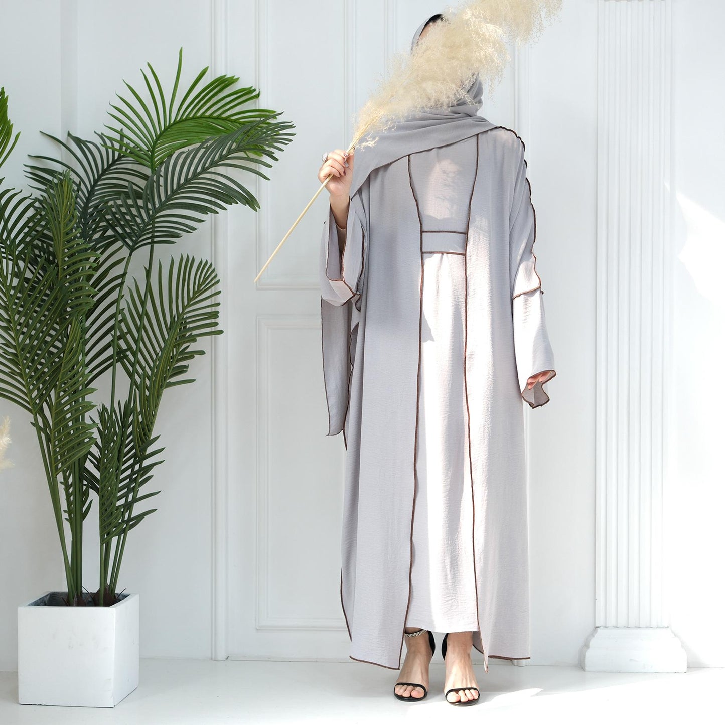 HASASERIES HS1095 3pcs Set Cardigan+without Sleeves Inner Dress+Hijab