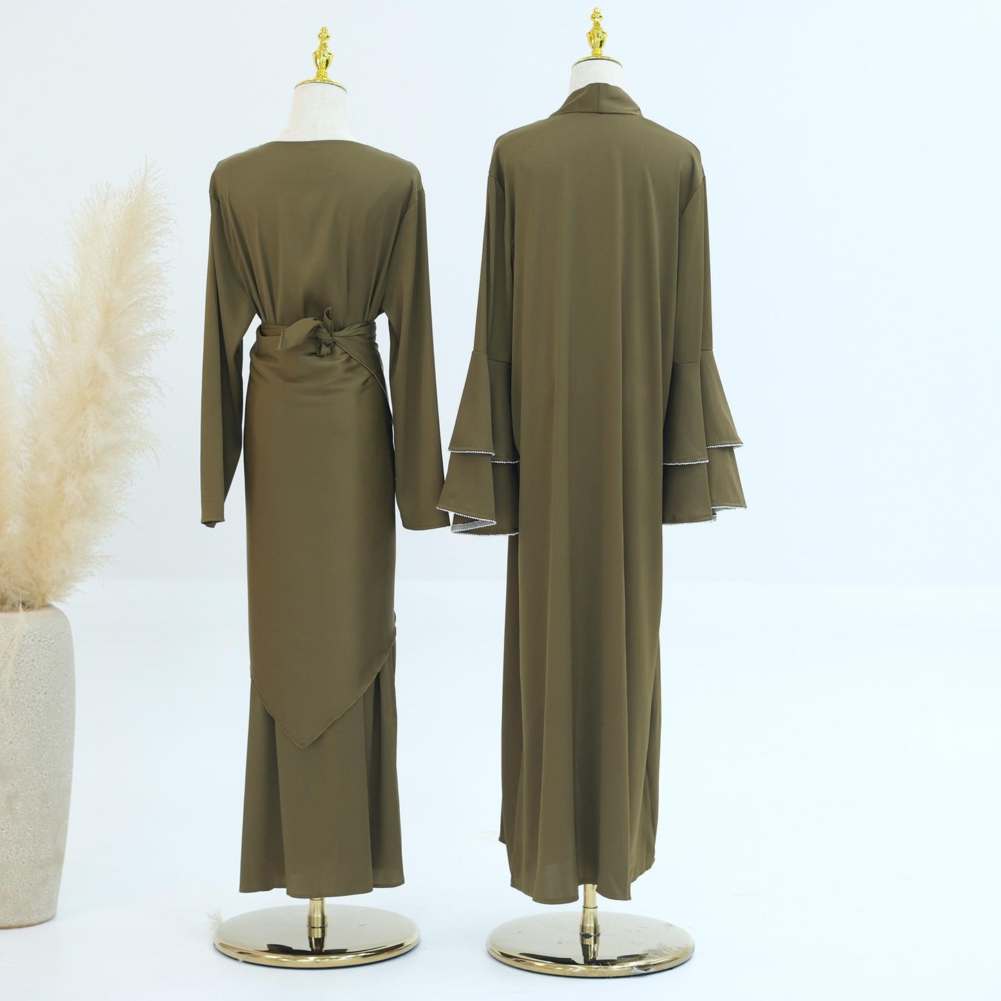 HASASERIES HS1188 Ensemble 3 pièces, cardigan en satin + robe intérieure + ceinture spéciale