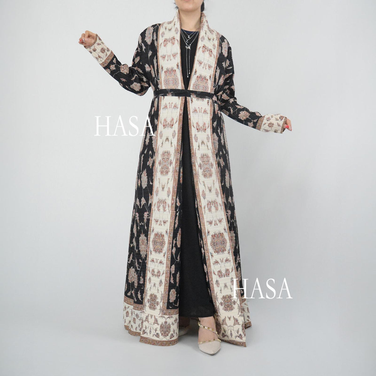HS5846 Color-blocked Placket Printed Open-front Long Coat