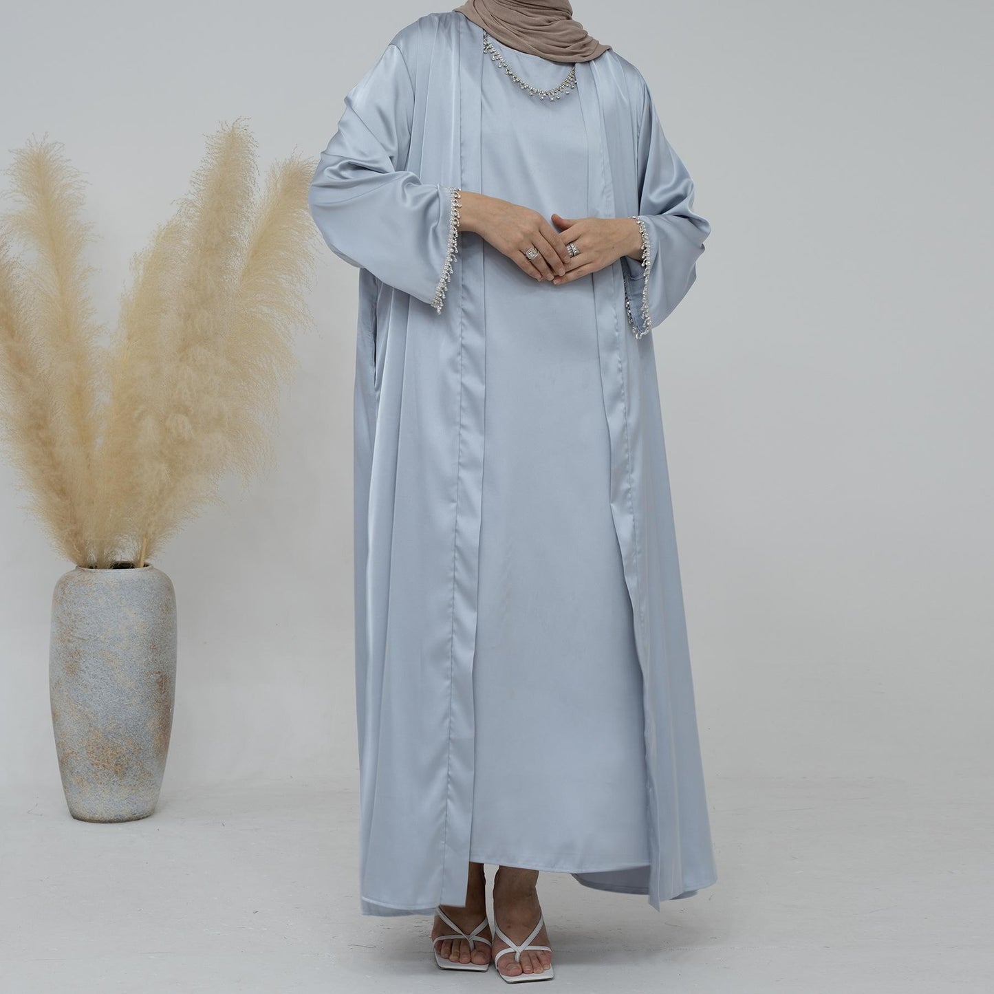 HASASERIES HS1005 4pcs Set Cardigan+without Sleeves Inner Dress+Crystal Chain+Hijab