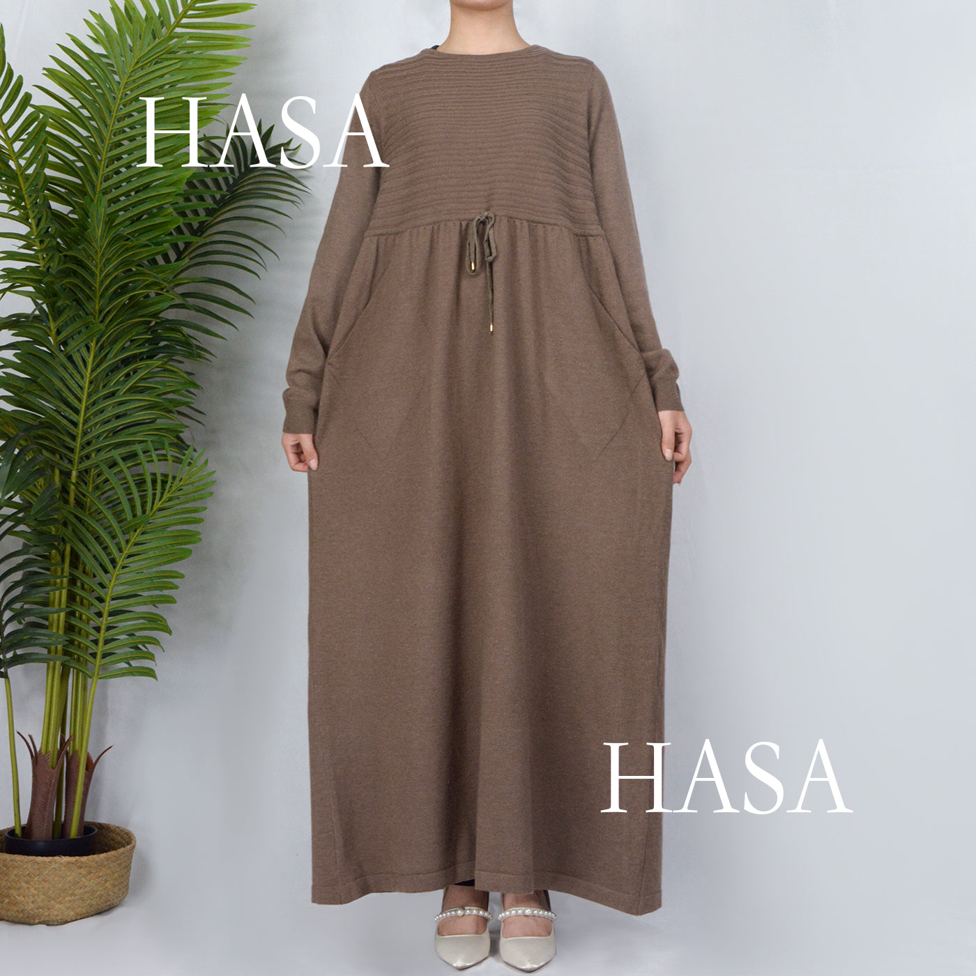 HS0119 knitted long dress with waist belt and pockets autumn and winter
