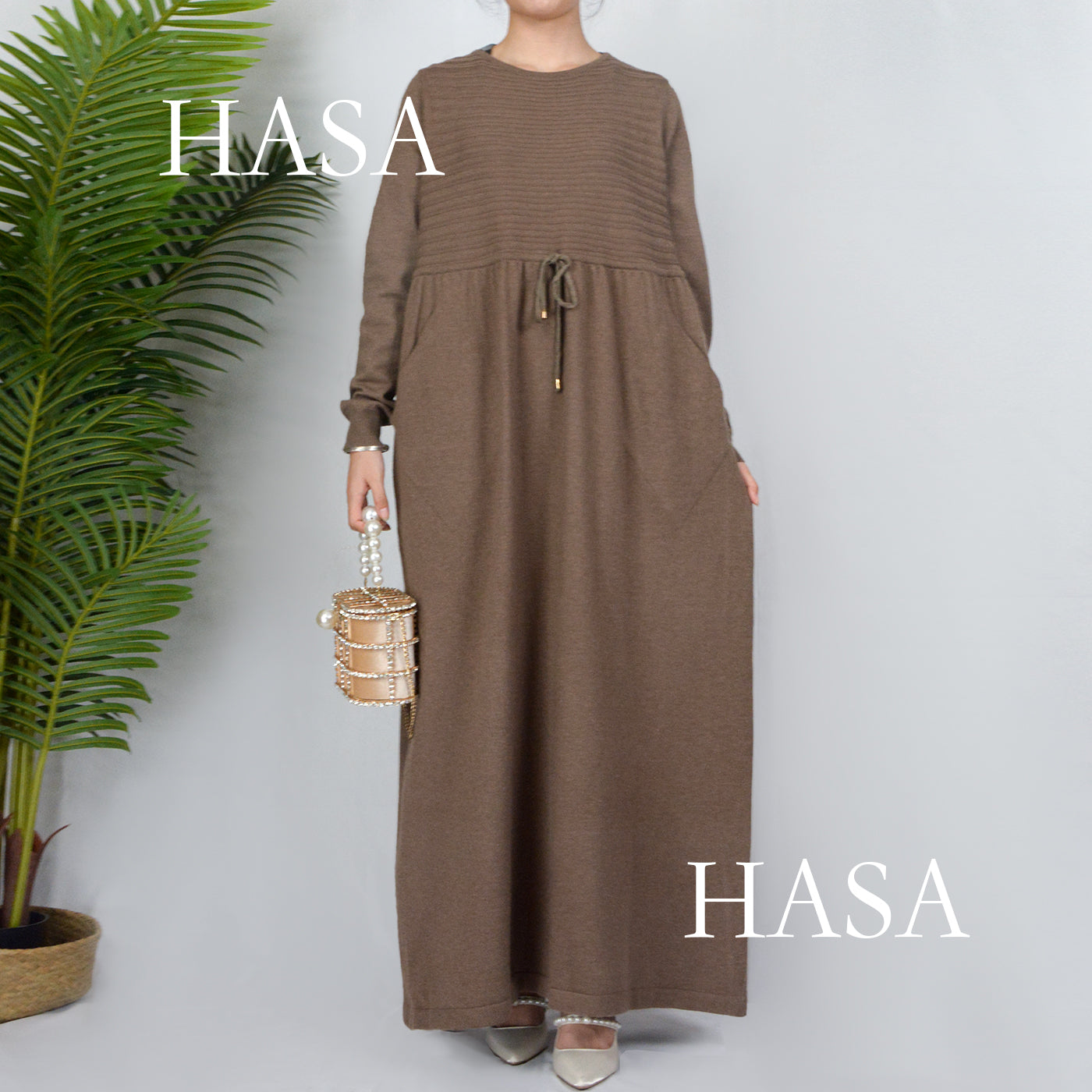 HS0119 knitted long dress with waist belt and pockets autumn and winter