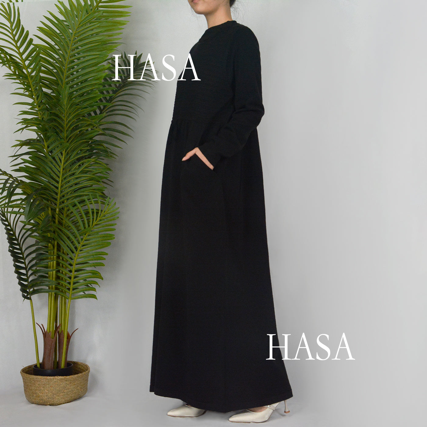 HS0119 knitted long dress with waist belt and pockets autumn and winter