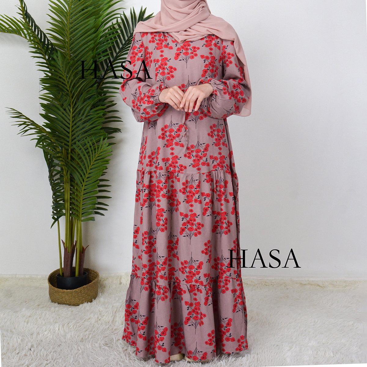 HS0819 Rayon long dress V-neck flower dress