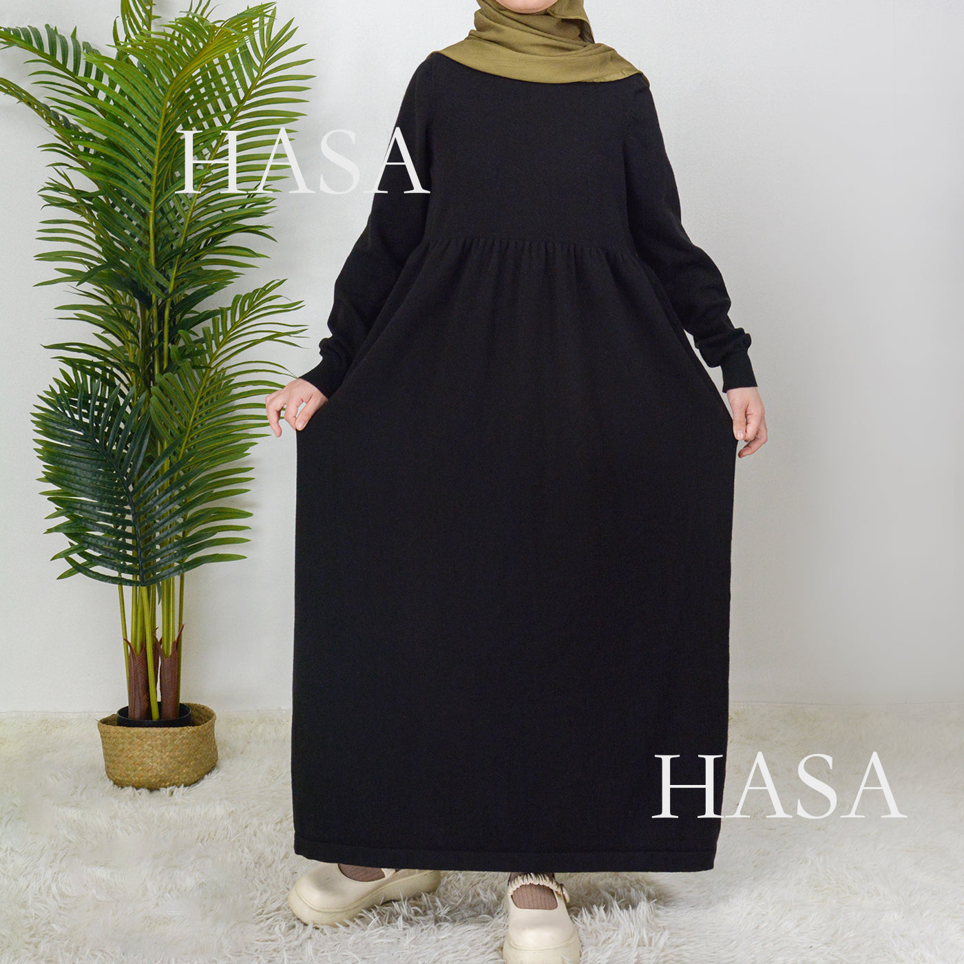 Robe longue abaya musulmane en tricot de couleurs unies HS0116 avec taille ample