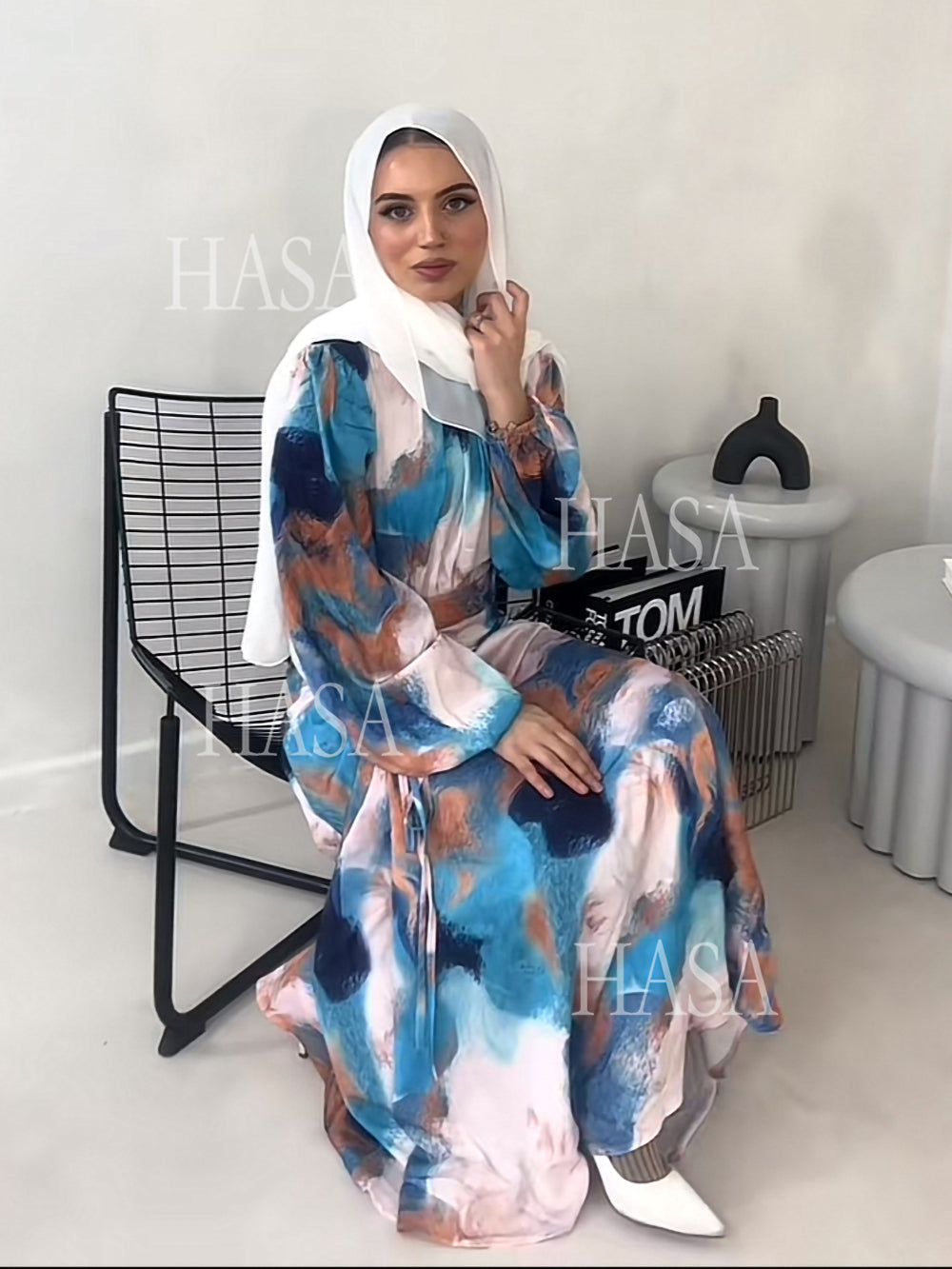 HASASERIES HS1228 Printemps Nouvelle Mode Style Graffiti Manches Bulles Robe Longue