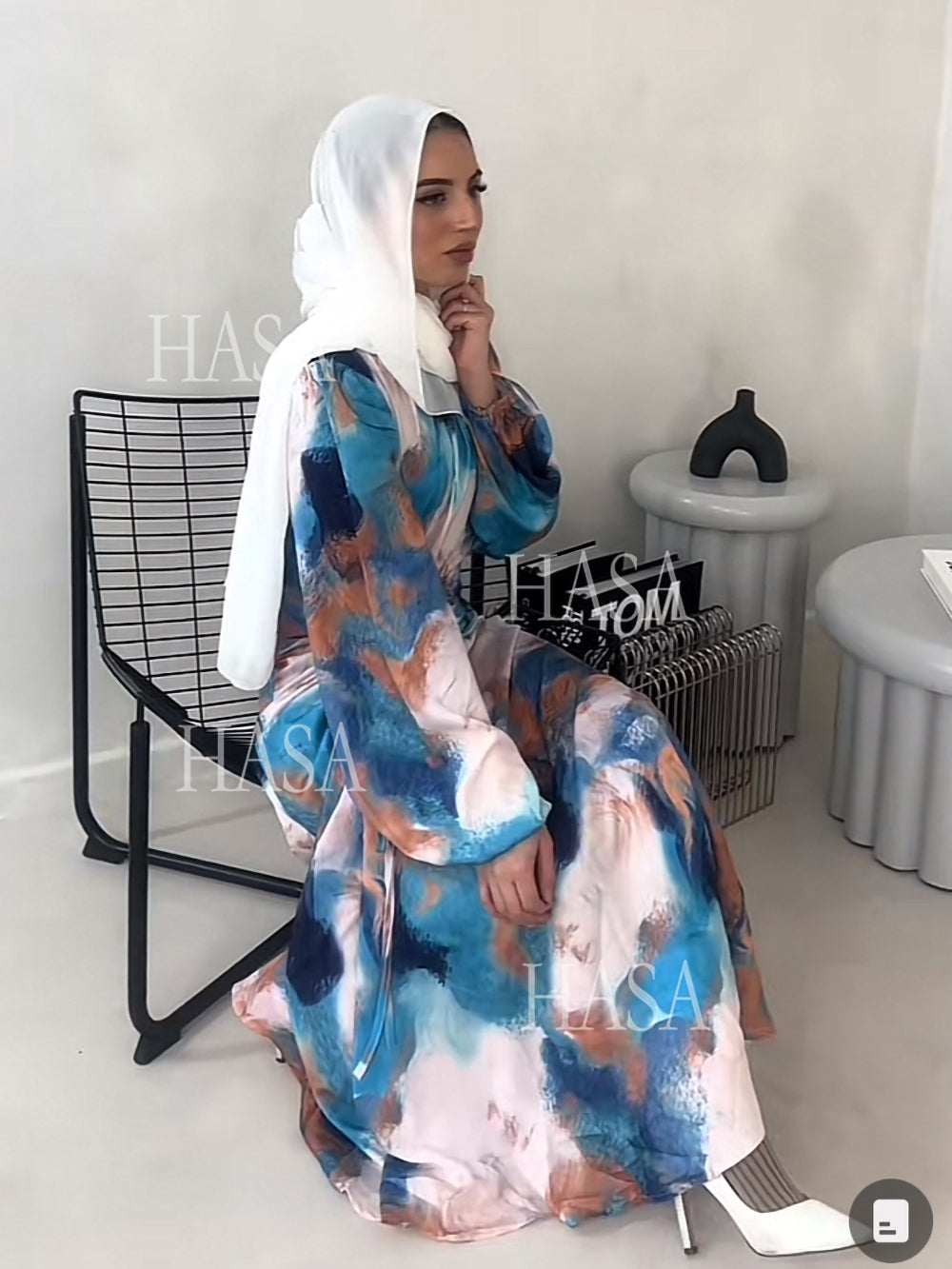 HASASERIES HS1228 Printemps Nouvelle Mode Style Graffiti Manches Bulles Robe Longue
