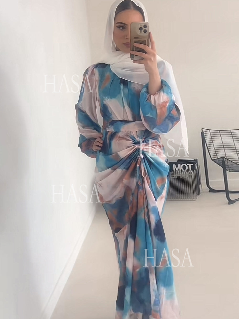 HASASERIES HS1228 Printemps Nouvelle Mode Style Graffiti Manches Bulles Robe Longue